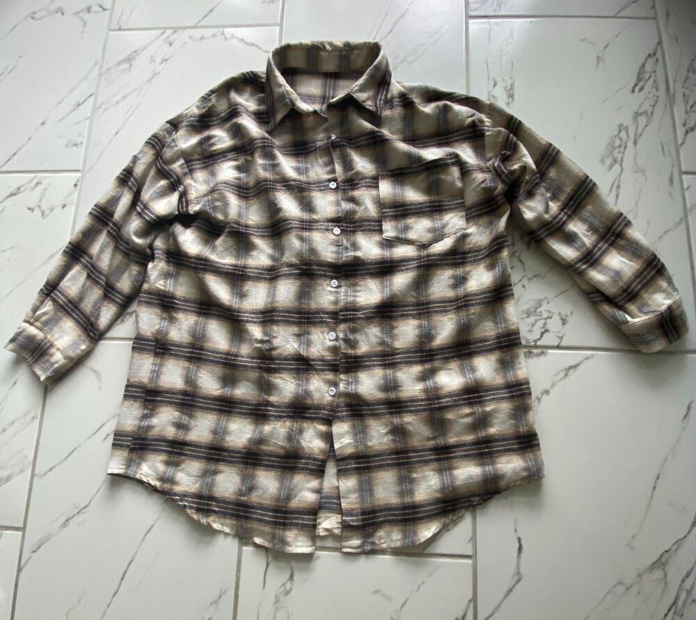 Cliche Womens S Plaid Button Up Shirt Beige Black Blue Long Sleeve Top